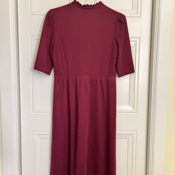 Vintage Ruby Red 3/4 Length Sleeve Dress with Scalloped Neckline - Picture 2 of 4
